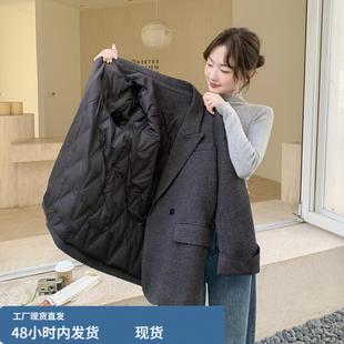 灰色老钱风V领毛呢西装外套女2025冬季高级感气质鹅绒内胆羽绒服