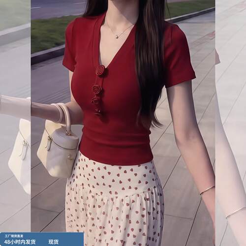 复古风红色v领玫瑰扣短袖t恤女2026夏季高知miu系上衣高智感穿搭