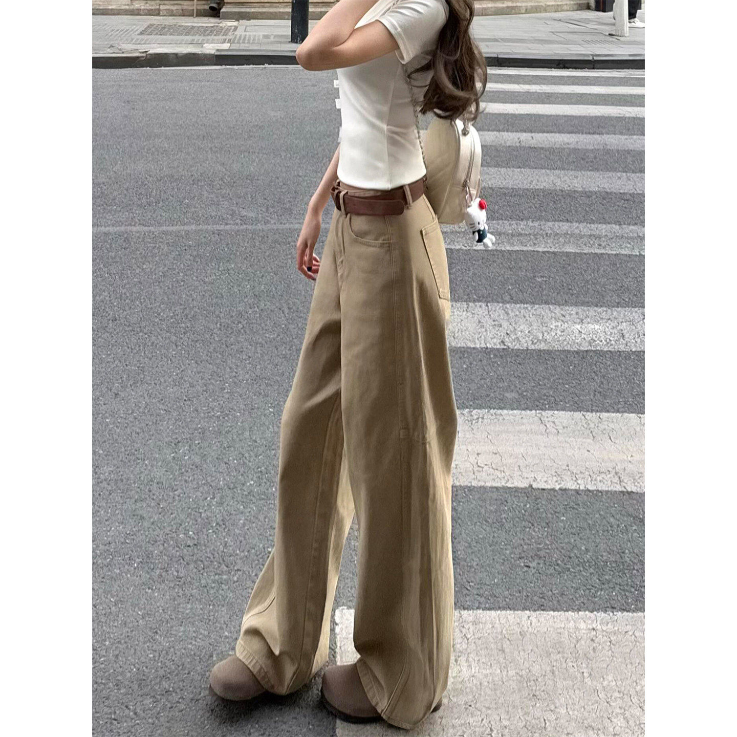 美式复古卡其色直筒牛仔裤女春季新款胖妹妹mm高腰宽松显瘦阔腿裤