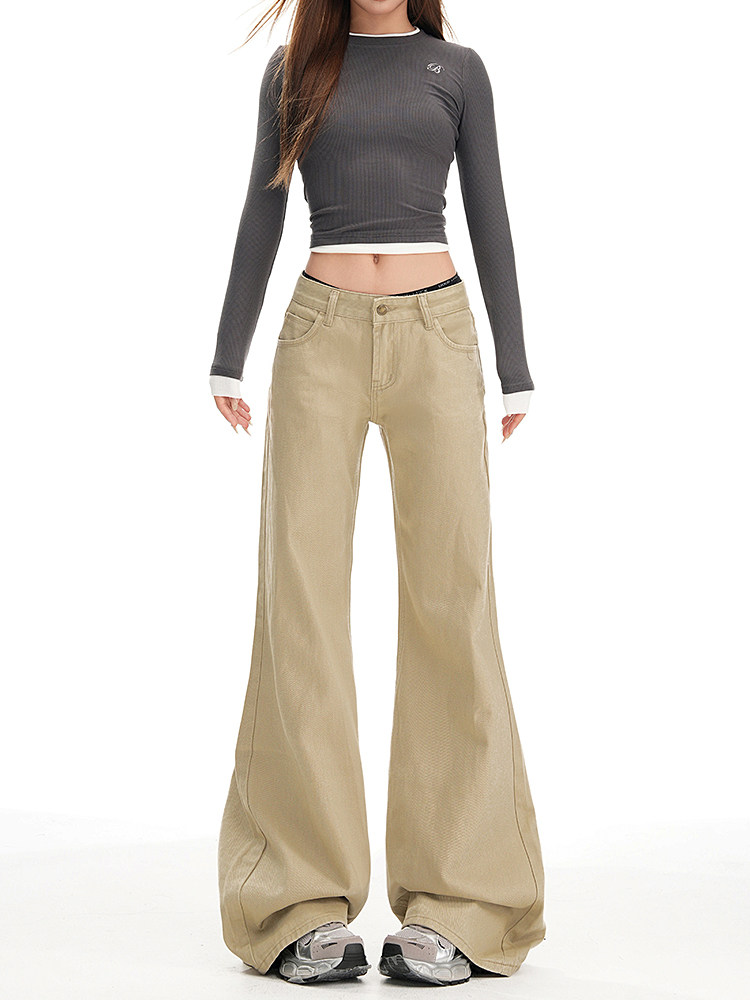 Khaki Retro Flared Jeans for Women, Autumn Loose Fit, Drapey, Non-Tight, Narrow Version, Fleece-Lined, Wide-Leg, Floor-Length Pants