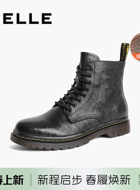 百丽男士高帮马丁靴男冬季新款加绒牛皮英伦短靴厚底增高8CM01DD3