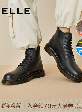 百丽男鞋冬季款真皮马丁靴男厚底增高黑色加绒保暖短靴子92267DD0