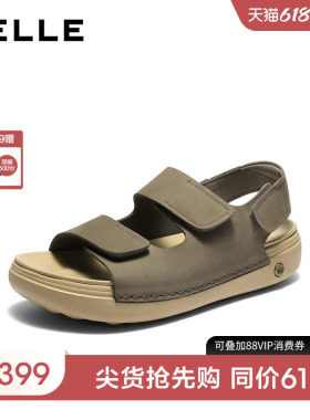 百丽舒适透气休闲凉鞋男26新夏季牛皮革魔术贴厚底沙滩鞋8WK05BL6