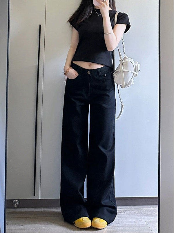 美式黑色直筒牛仔裤女2025新款夏季小个子高腰宽松显瘦窄版阔腿裤