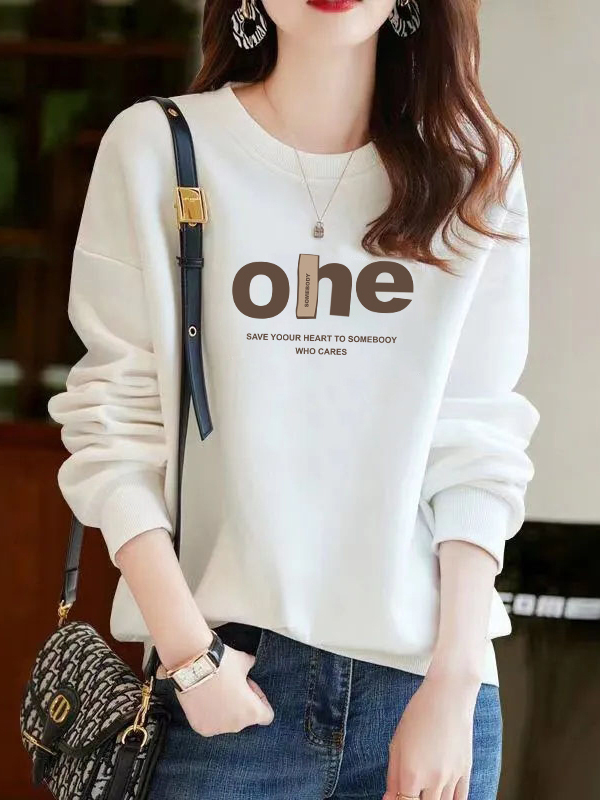 白色圆领卫衣女2025新款秋季穿搭小个子印花长袖休闲百搭宽松上衣