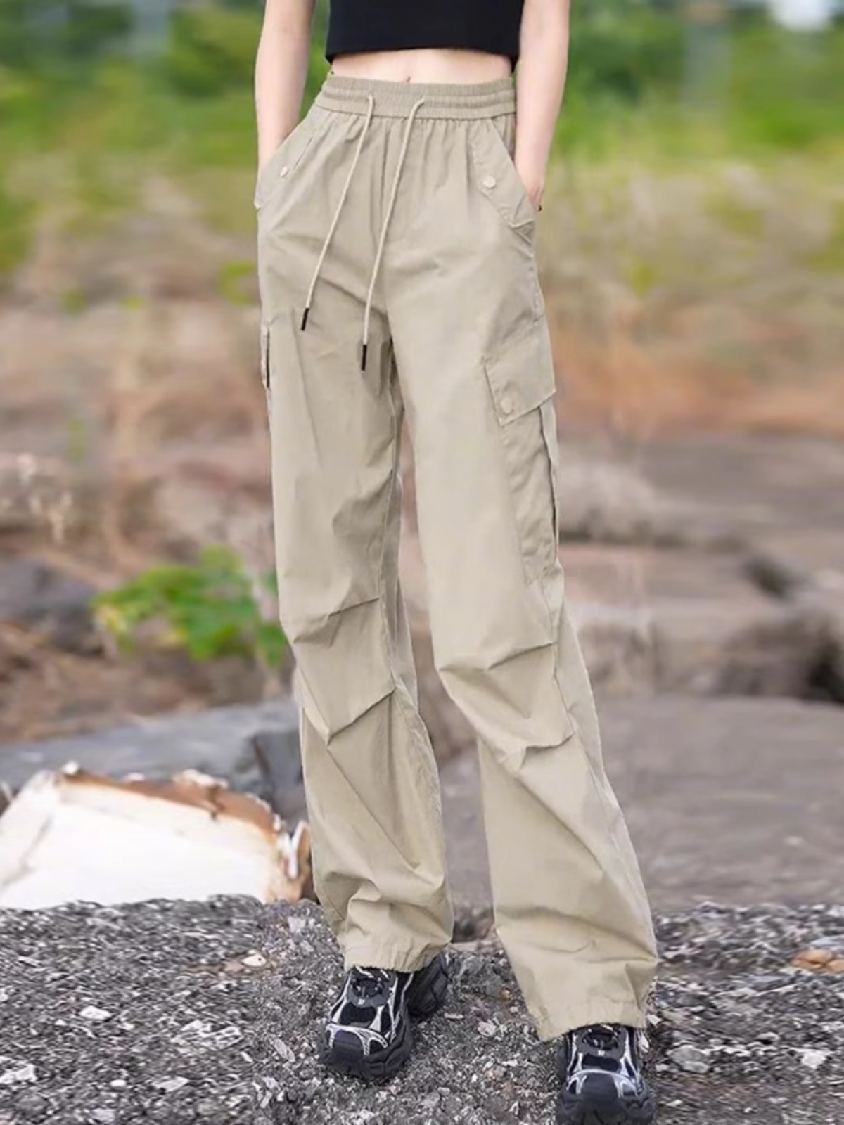 美式复古运动工装裤女2025新款夏季薄款高腰直筒裤垂感束脚休闲裤