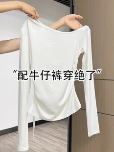 显瘦设计感上衣 白色斜肩长袖 T恤女2025新款 春季 褶皱收腰辣妹修身