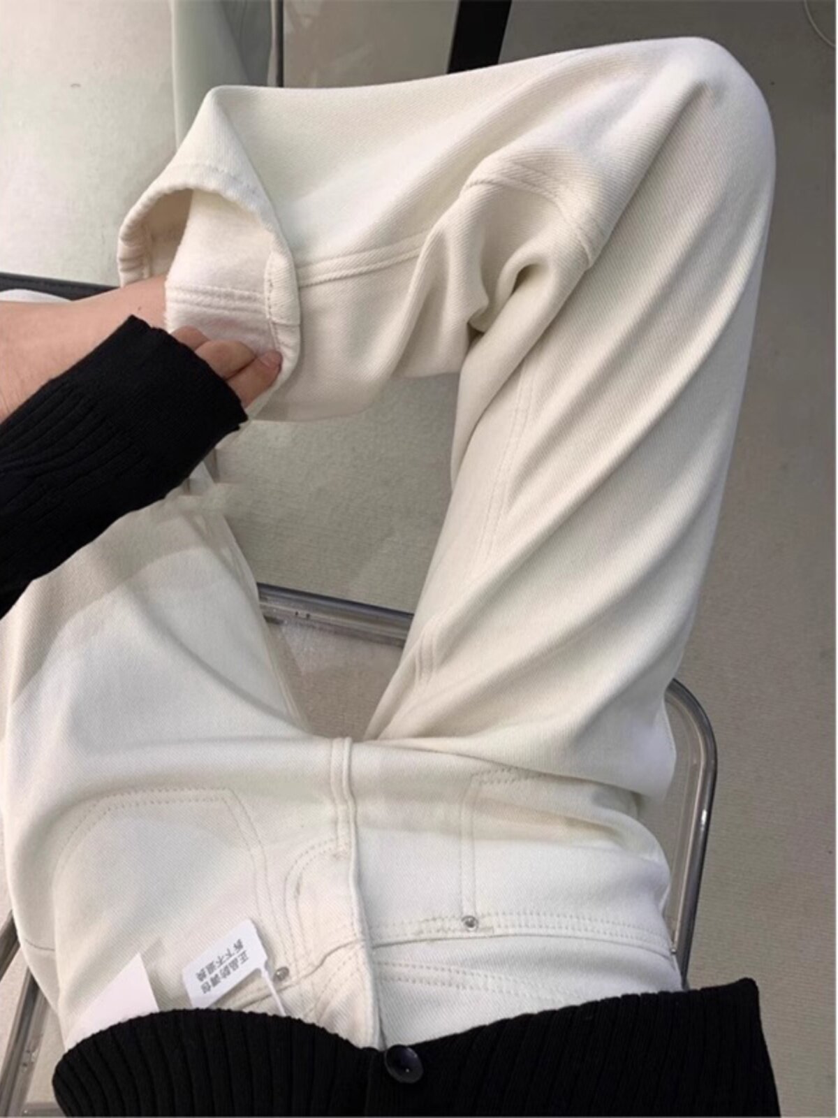 米白色阔腿牛仔裤女秋冬季2025新款高腰加绒加厚小个子窄版直筒裤