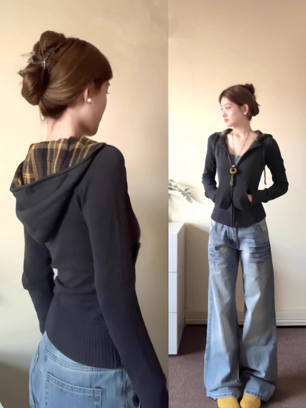 美式覆古格子连帽毛衣外套女2025秋季修身收腰短款针织开衫上衣潮