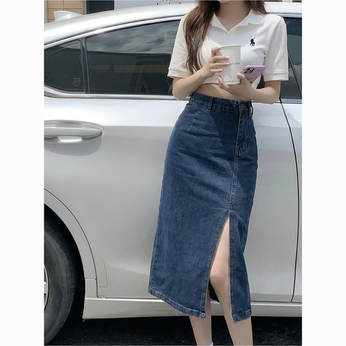 复古蓝色牛仔半身裙中长款裙子女