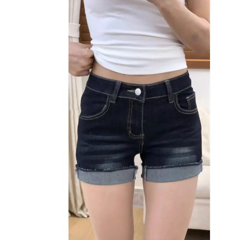 ZNAML深蓝色牛仔短裤女夏薄款外穿梨形身材高腰显瘦卷边a字热裤子