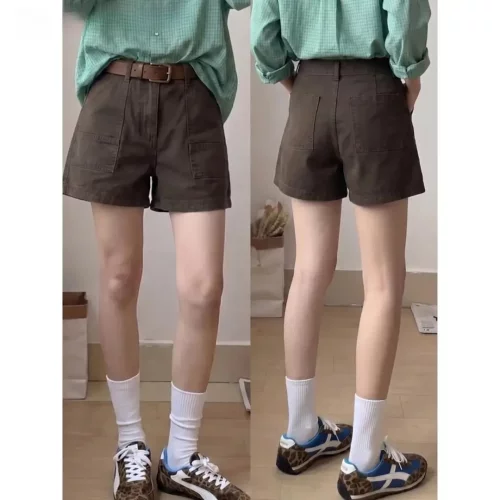 复古棕咖色工装牛仔短裤女夏百搭