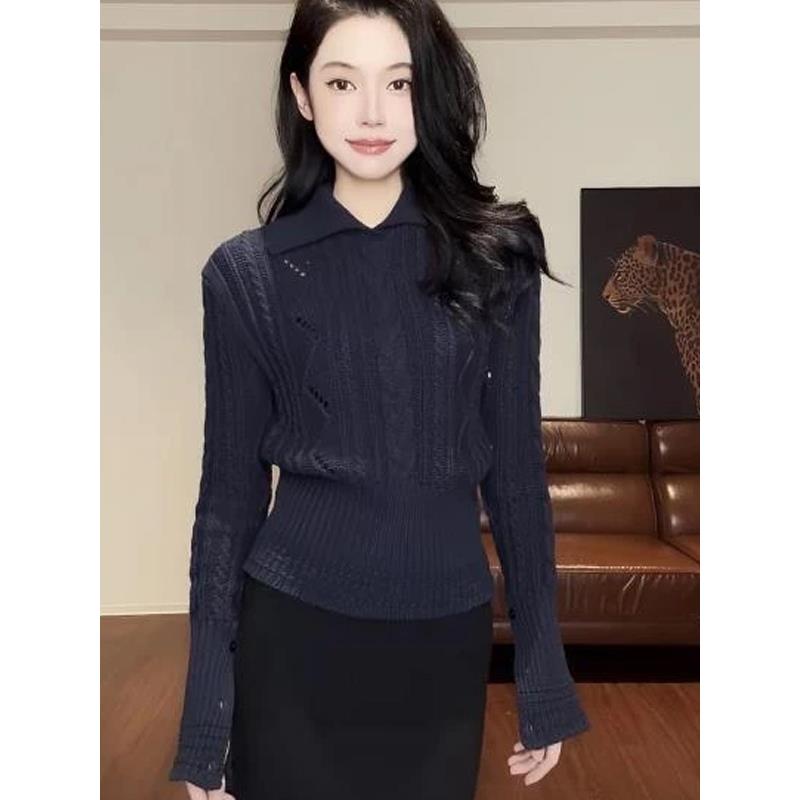 韩系翻领麻花下摆收腰显瘦毛衣女秋季修身高级感百搭气质针织上衣