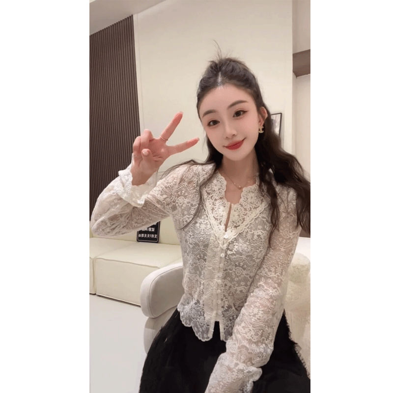 长袖蕾丝衬衫开衫通勤修身单排扣