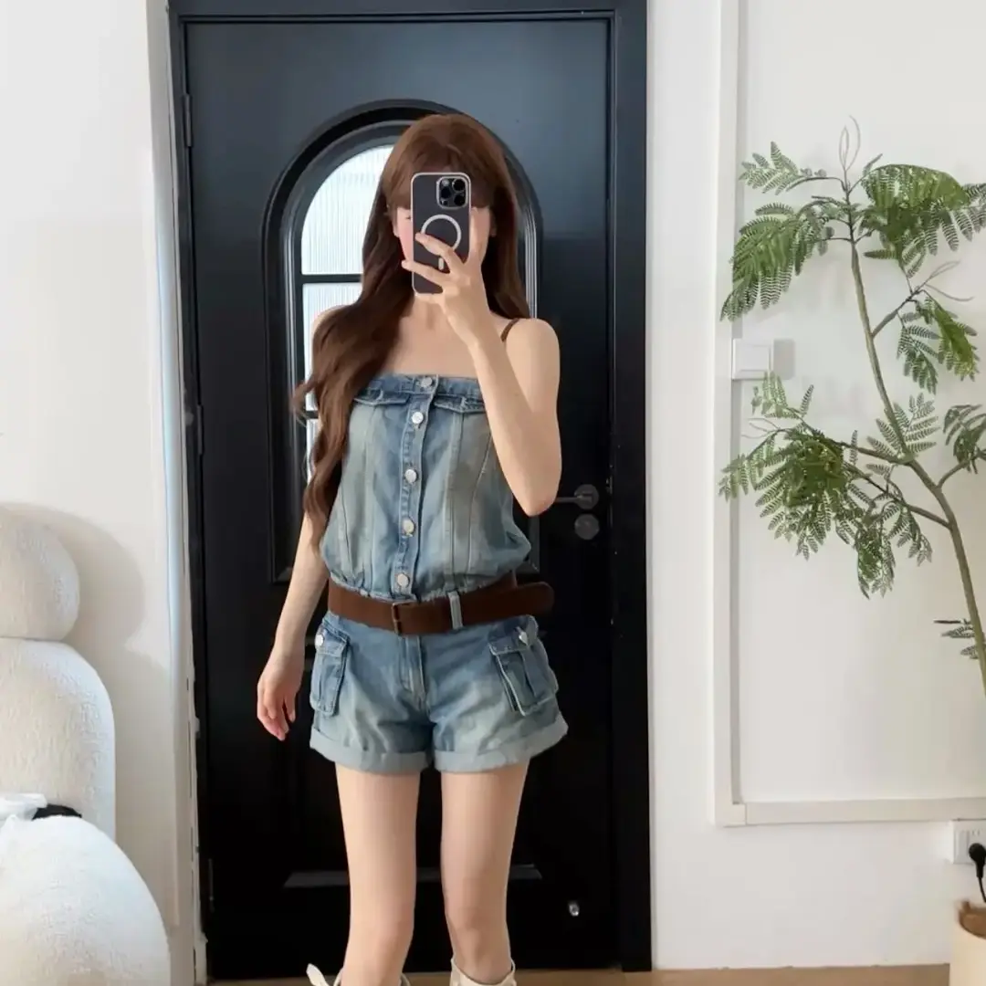 ZNAML复古蓝色牛仔连体裤女夏季韩系设计感显瘦工装抹胸连身短裤