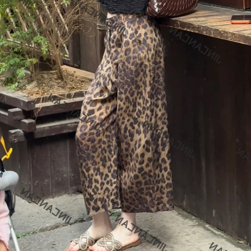 天丝亚麻豹纹阔腿裤夏季薄款休闲