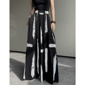 黑白水墨印花A字半身裙女春夏季 高腰垂感伞裙显瘦中长款 气质裙子