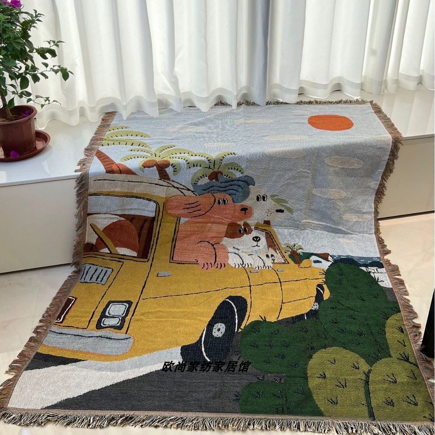 跨境外贸一无是处毯子插画老虎小狗艺术床毯沙发毯针织盖毯装饰