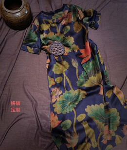 香云纱连衣裙 真丝印花连衣裙长裙 中国风v领宽松腰连衣裙