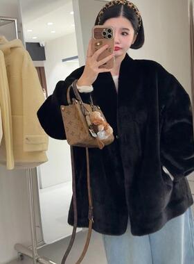 韩版2024冬装新V领仿水貂皮毛一体宽松外套毛茸茸环保皮草外套女