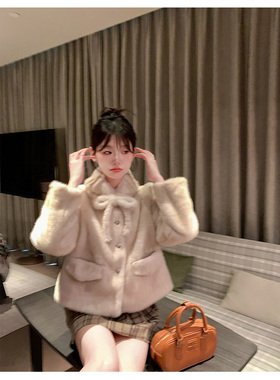 「中古系列」系带仿皮草毛毛蝴蝶结小个子秋冬短外套新款环保毛