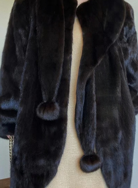 复古集市 仿水貂毛皮毛一体围巾外套女中长款环保皮草大衣秋冬新