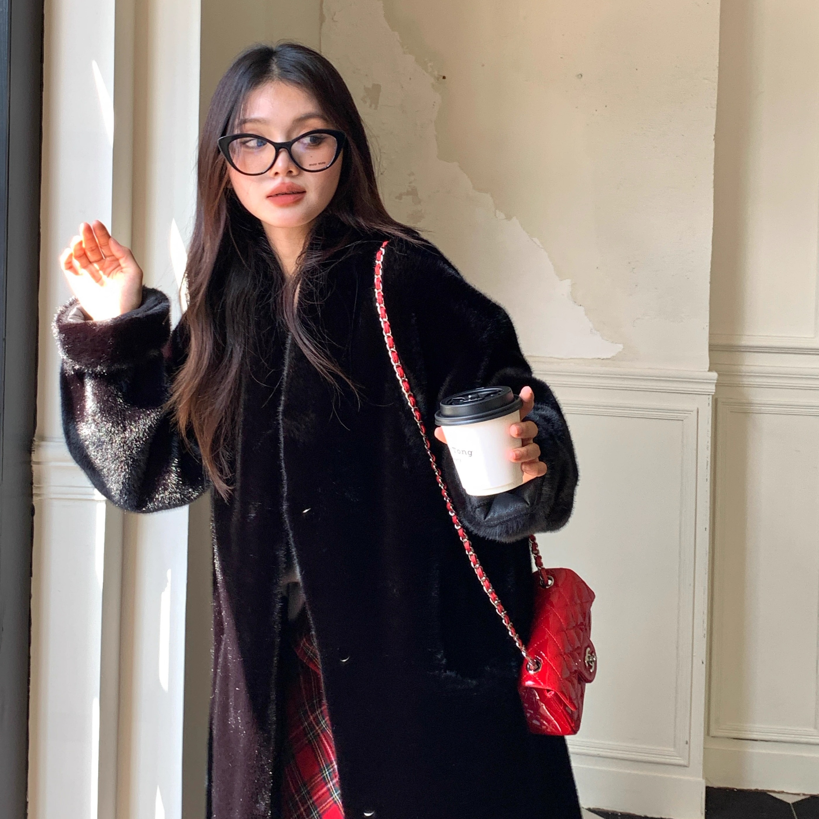 长款过膝仿水貂毛加厚保暖开衫皮毛一体环保皮草外套毛毛大衣女冬