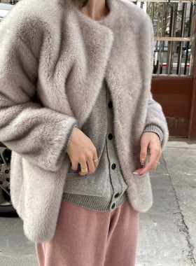 狐狸毛环保皮草保暖仿貂绒水貂皮毛一体外套女2024冬季新品开衫