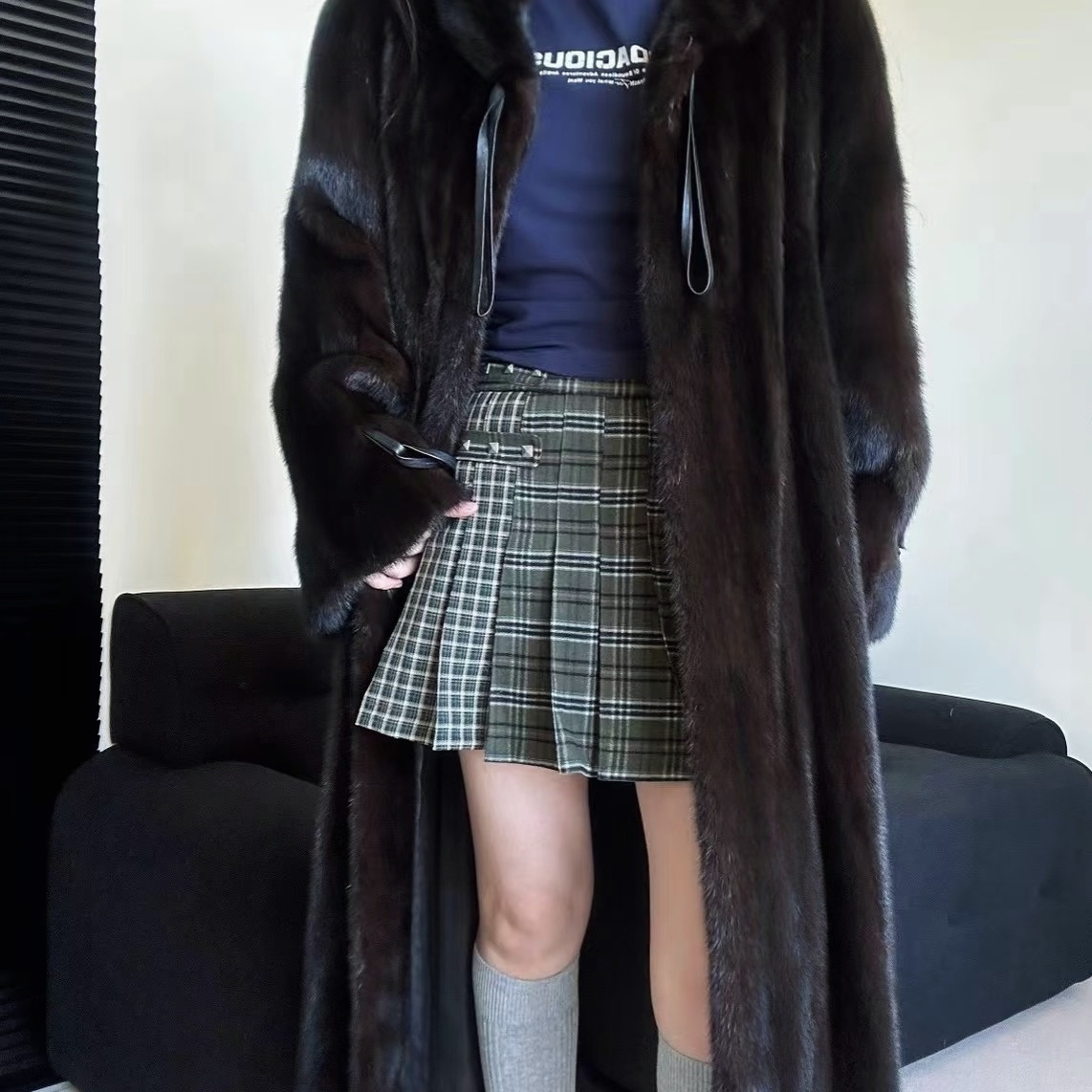 京都幕影 秋冬高级感仿水貂毛皮草大衣女长款系带复古毛毛外套