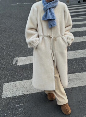 过膝长款腰带系带收腰仿水貂皮毛一体大衣毛毛御寒外套女冬季新款