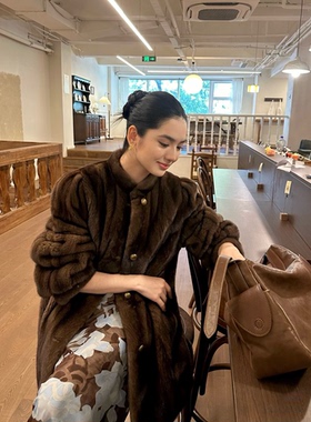 中古风仿水貂毛毛大衣女复古咖色泡泡袖铜扣皮草外套中长款冬季