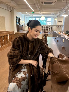 中古风仿水貂毛毛大衣女复古咖色泡泡袖铜扣皮草外套中长款冬季