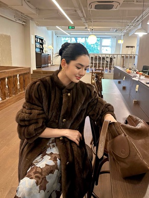 中古风仿水貂毛毛大衣女复古咖色泡泡袖铜扣皮草外套中长款冬季