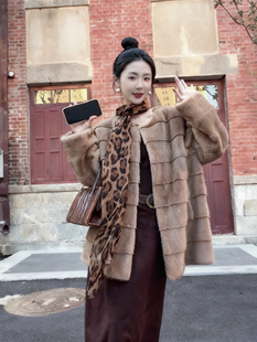 气质中长款环保皮草毛毛外套女冬季横排仿水貂毛保暖开衫
