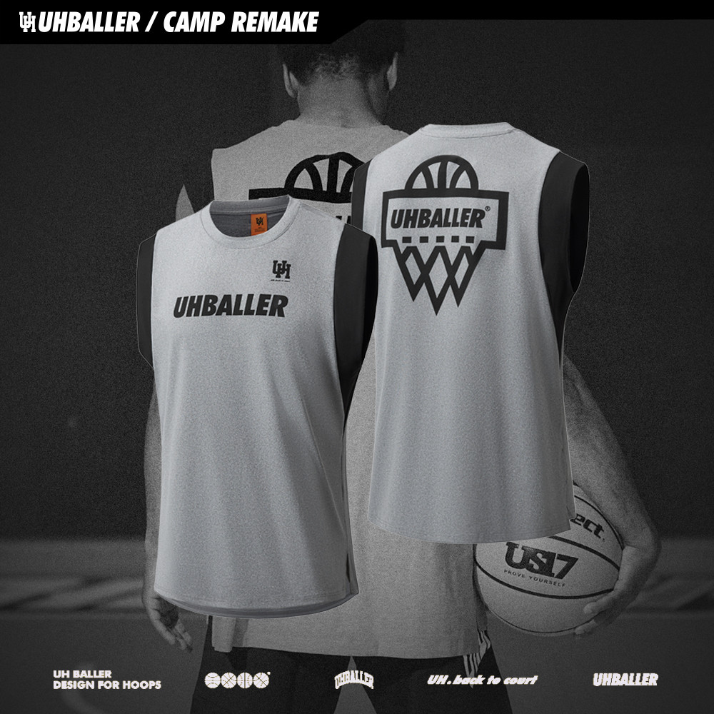 UHBALLER拼接篮球T恤夏季无袖透气宽肩复古背心速干运动坎肩男