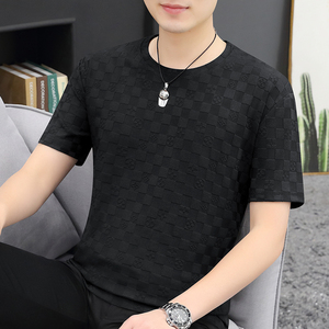 男士新款格子压花冰丝短袖t恤