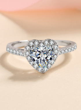 s925银镀18K金指女仿真钻石镀PT950铂金微镶心形一克拉异性莫桑钻