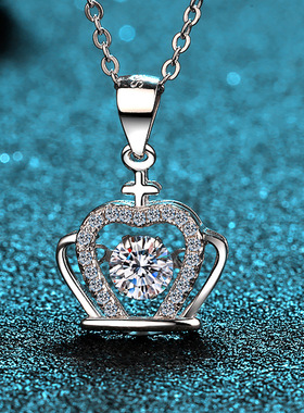 s925纯银镀18K金项链女莫桑石皇冠吊坠灵动钻石饰品镀pt950铂金