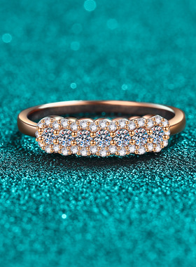 S925纯银镀18K金香槟金戒指女简约莫桑钻简约女戒轻奢镀PT950铂金