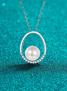 s925银镀18K金莫桑钻珍珠项链椭圆形吊坠镀PT950 铂金通勤锁骨链