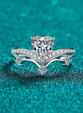 s925银镀18K金莫桑石戒指女爱心V款镀PT950铂金女戒时尚女款礼物