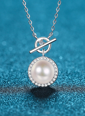 s925纯银镀18K金项链女淡水珍珠莫桑石镀pt950铂金锁骨链钻石饰品