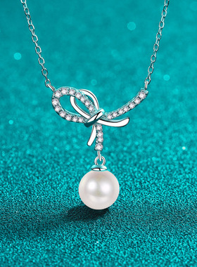 s925银镀18K金莫桑钻珍珠镀PT950 铂金项链吊坠甜美锁骨链简约款