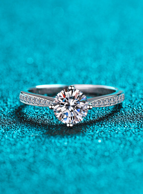 s925银镀18K金莫桑石戒指女镀pt950铂金四爪指环高端轻奢风小礼物