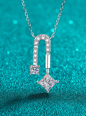 s925纯银镀18K金吊坠正方莫桑石项链设计感轻奢锁骨链镀PT950铂金