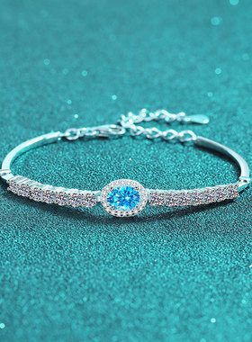 S925纯银镀18K金手工镶嵌莫桑石手链女宝蓝色椭圆简约镀PT950铂金