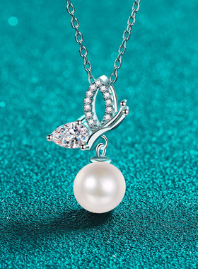 s925银镀18K金莫桑钻珍珠项链女蝴蝶翅膀镀PT950 铂金吊坠锁骨链