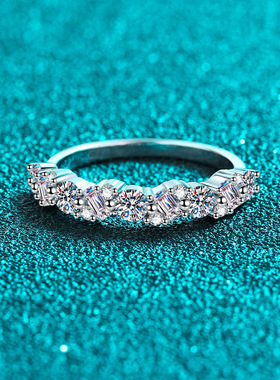 s925银镀18K金戒指女镶嵌莫桑石指环冷性风镀pt950铂金介子饰品