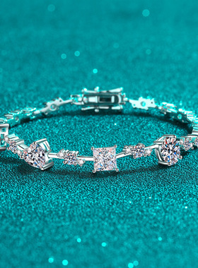 S925纯银镀18K金手链女款全莫桑石异形手镯镀pt950铂金莫桑钻手饰