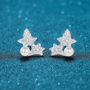 s925银镀18K金耳环女简约款镀PT950铂金淡水珍珠花叶款莫桑石耳钉